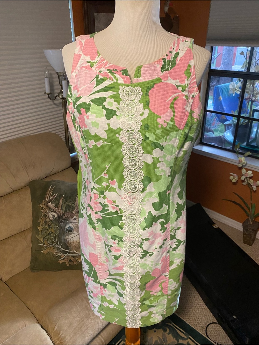 TALBOTS Green and Pink Floral Sleeveless Lined Sheath Dress with Lace
